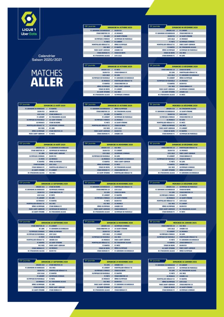 Le calendrier des matchs de Ligue 1 Uber Eats pour 2020-2021 dévoilé