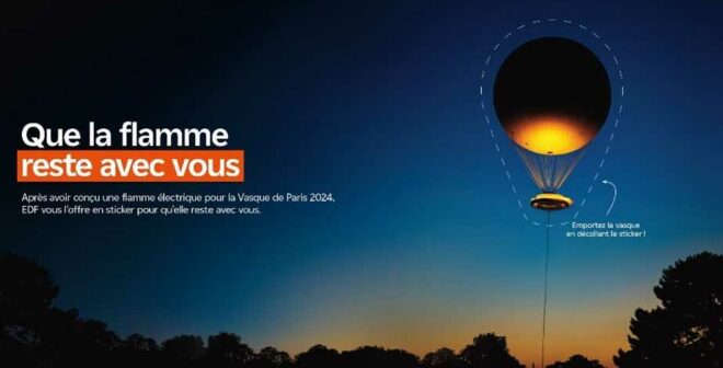 EDF vous offre un souvenir de la Vasque de Paris 2024 pour « que la flamme reste avec vous » avec un sticker de la montgolfière